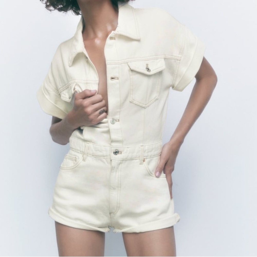 NWT ZARA Ivory Denim Short Jumpsuit Romper